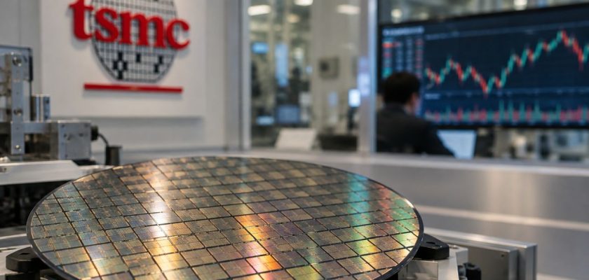 Wafer di semiconduttori in primo piano, logo TSMC sullo sfondo e analista davanti a un monitor con grafici finanziari
