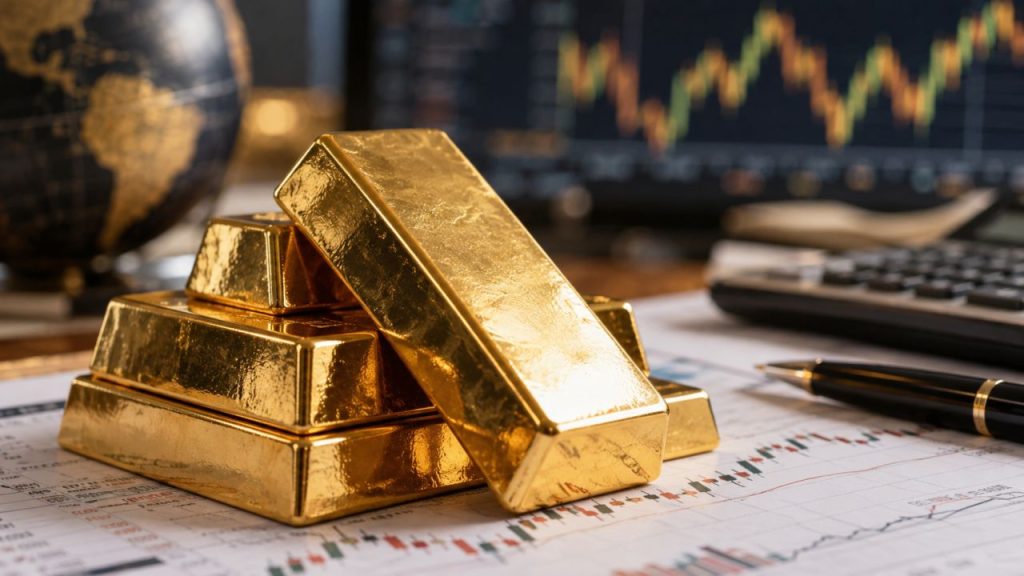 Lingotti d’oro impilati su grafici finanziari, con una penna, una calcolatrice e un monitor con l’andamento dei mercati sullo sfondo