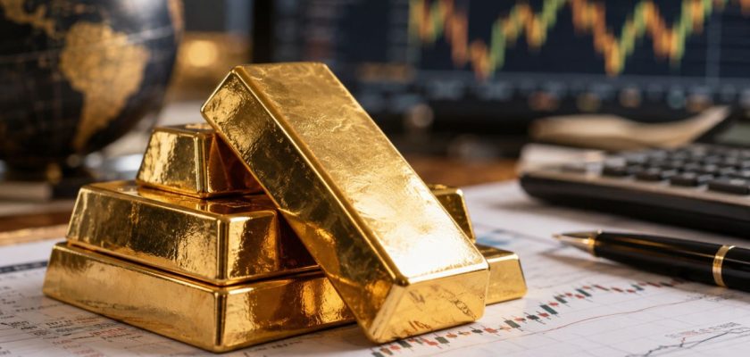 Lingotti d’oro impilati su grafici finanziari, con una penna, una calcolatrice e un monitor con l’andamento dei mercati sullo sfondo