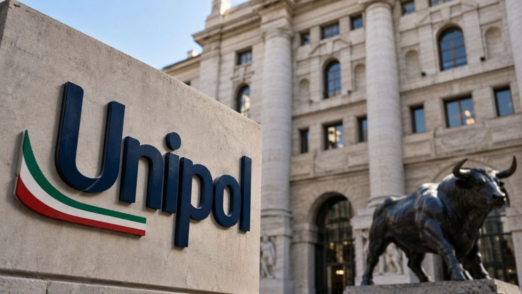 Logo Unipol in primo piano, con il palazzo della Borsa e la statua del toro sullo sfondo