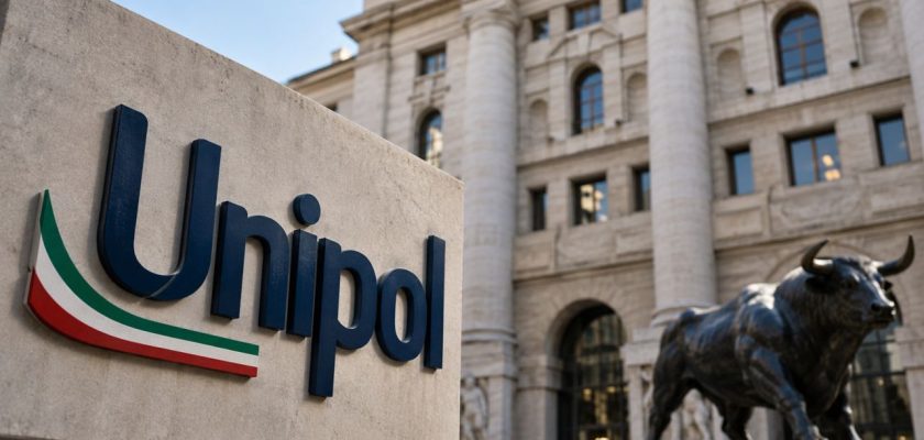 Logo Unipol in primo piano, con il palazzo della Borsa e la statua del toro sullo sfondo