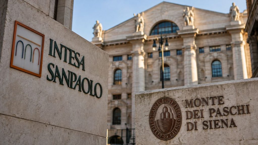 Loghi di Intesa Sanpaolo e Monte dei Paschi di Siena su insegne in pietra, con un imponente edificio storico sullo sfondo