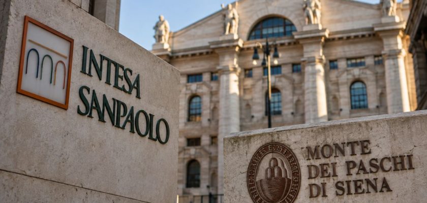 Loghi di Intesa Sanpaolo e Monte dei Paschi di Siena su insegne in pietra, con un imponente edificio storico sullo sfondo