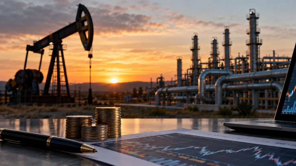 Impianto petrolifero e industriale al tramonto, con monete, grafici finanziari e computer portatile in primo piano