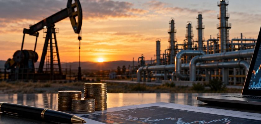 Impianto petrolifero e industriale al tramonto, con monete, grafici finanziari e computer portatile in primo piano