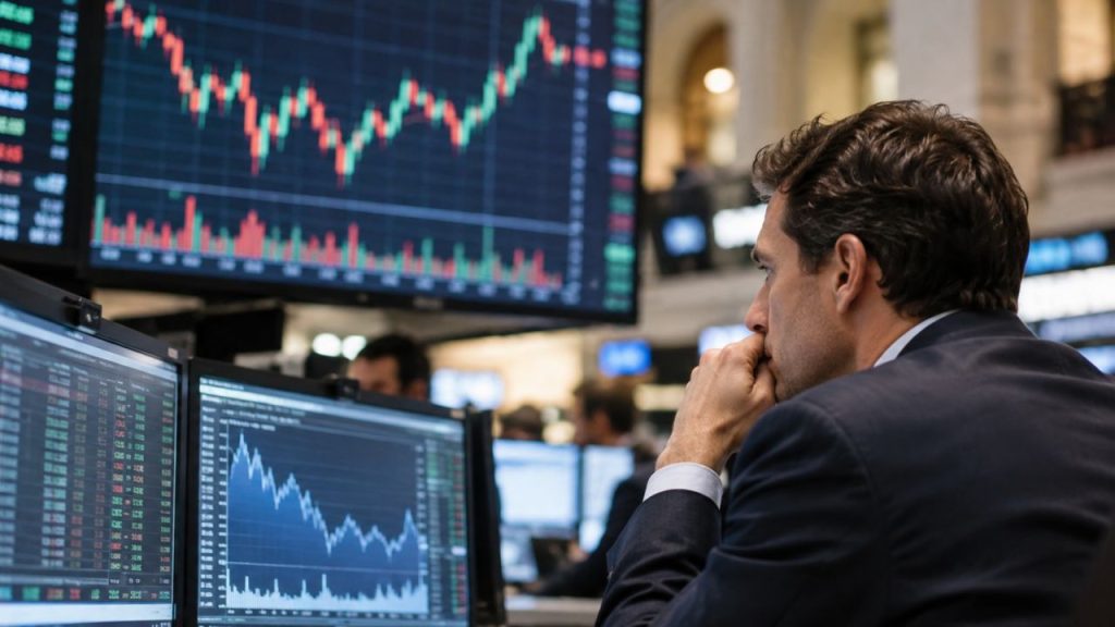 Un operatore finanziario osserva i grafici di Borsa sui monitor di una sala trading, con altri operatori sullo sfondo