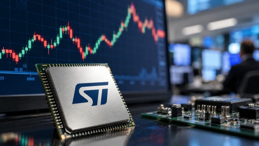 Microchip con logo STMicroelectronics in primo piano, grafico di Borsa sullo sfondo e postazione di trading con monitor e componenti elettronici
