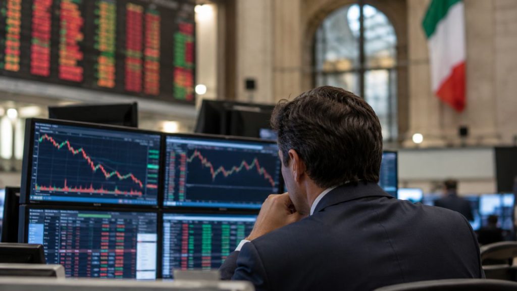 Un operatore finanziario osserva grafici di Borsa in calo su diversi monitor, all’interno di una sala trading con una bandiera italiana sullo sfondo