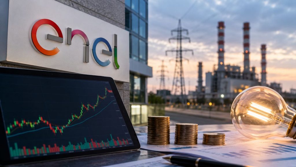 Logo Enel, grafico azionario su tablet, monete e lampadina accesa in primo piano, con centrale elettrica e tralicci sullo sfondo