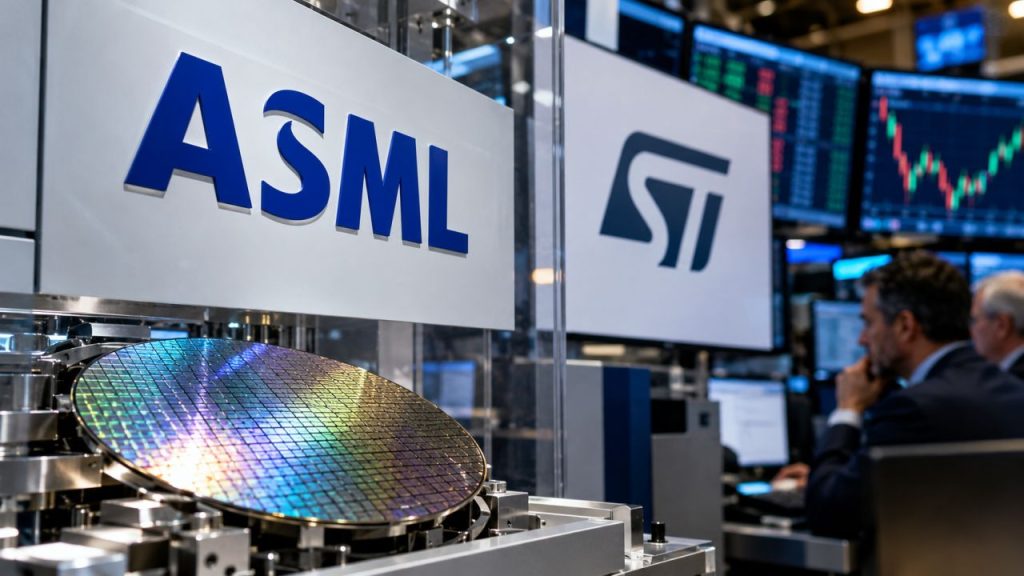 Un wafer di semiconduttori con i loghi ASML e STMicroelectronics, sullo sfondo operatori finanziari e monitor con grafici di Borsa