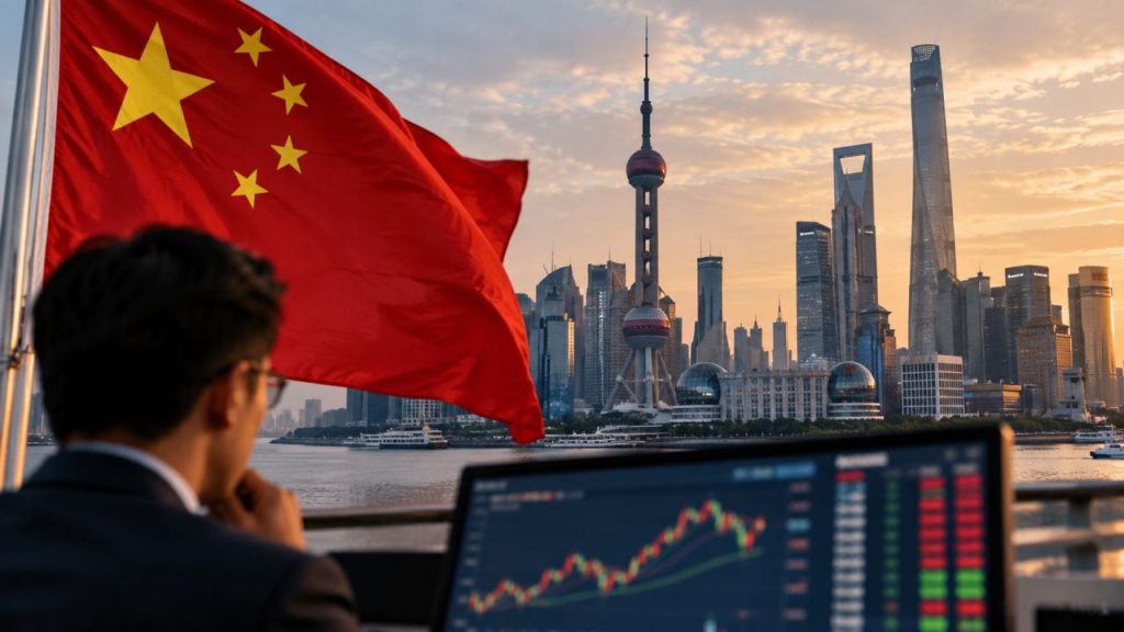 Bandiera cinese in primo piano, investitore davanti a un monitor con grafici finanziari e skyline di Shanghai al tramonto