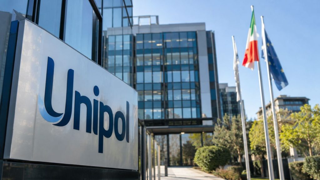 Insegna Unipol in primo piano, edificio moderno con facciata in vetro sullo sfondo e bandiere italiane ed europee all’ingresso