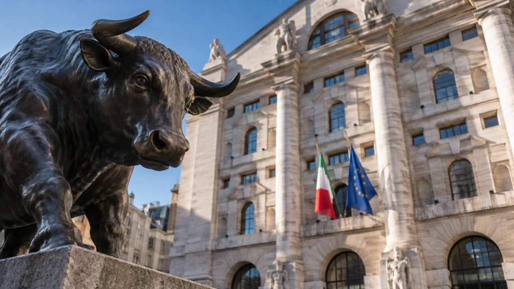 Statua di un toro in bronzo in primo piano, davanti a un imponente edificio finanziario con colonne e bandiere italiana ed europea