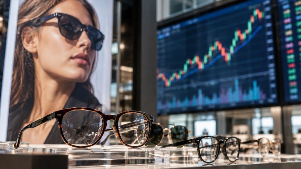 Occhiali da vista e da sole esposti in primo piano, con un manifesto pubblicitario e un monitor con grafici finanziari sullo sfondo