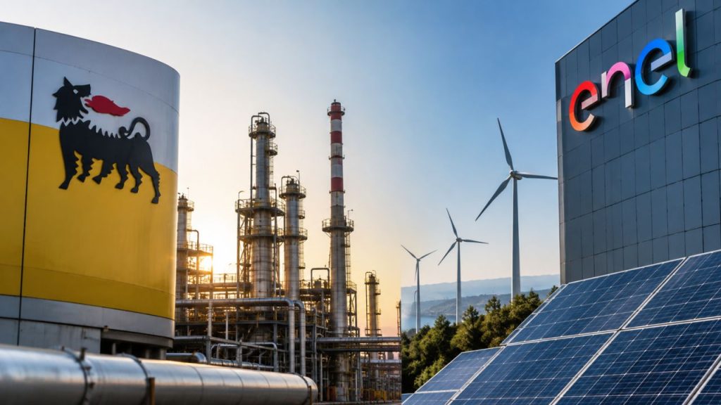 Impianto petrolifero Eni con torri e tubazioni, affiancato da un edificio Enel, pannelli solari e pale eoliche sullo sfondo