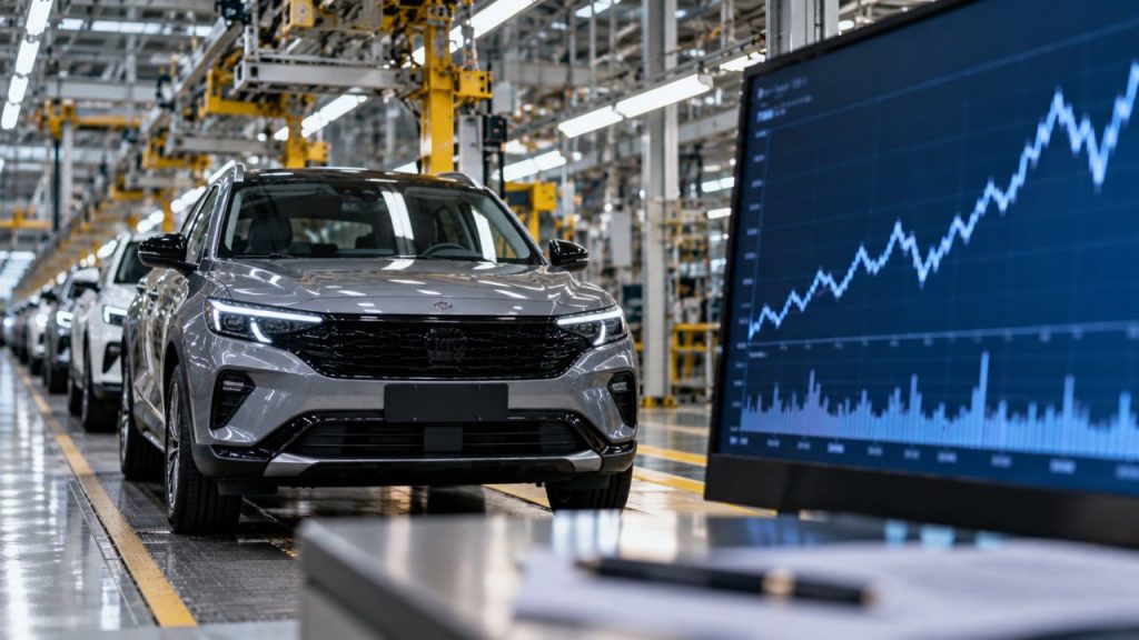 Automobili su una linea di produzione industriale, con un SUV grigio in primo piano e un monitor che mostra un grafico finanziario