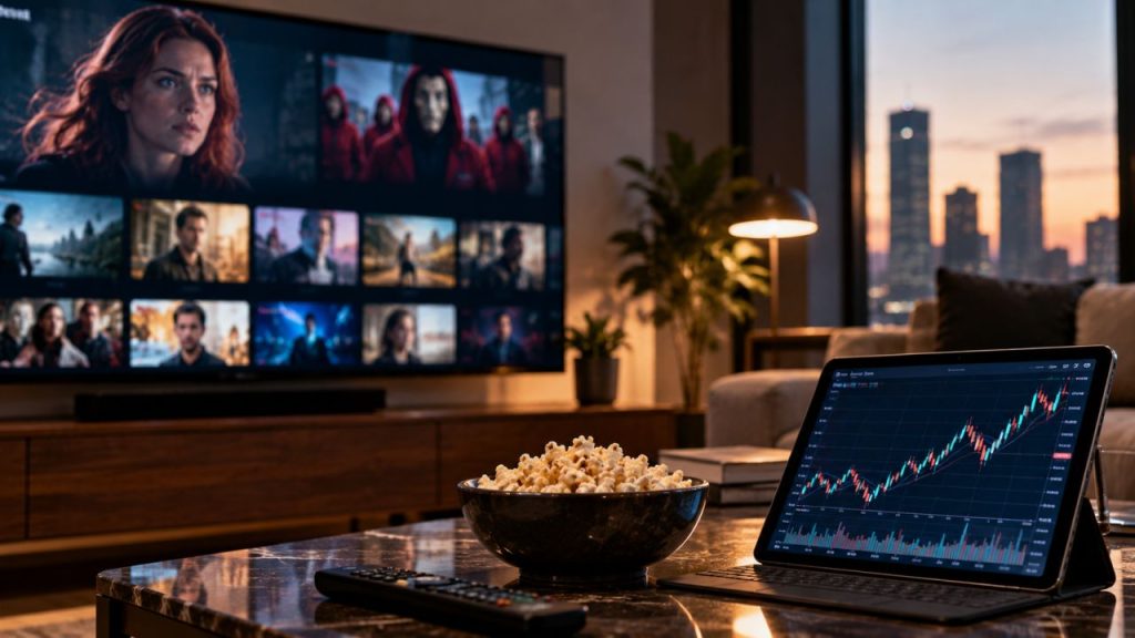 Televisore con catalogo di film e serie TV, tablet con grafici finanziari e ciotola di popcorn in un salotto moderno