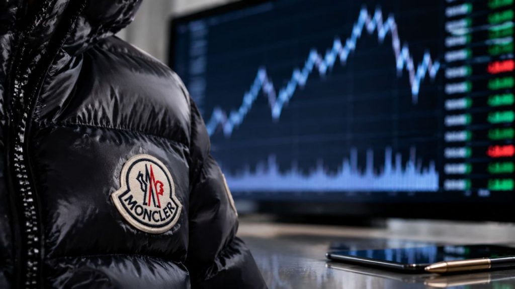 Piumino nero Moncler con logo in primo piano, monitor con grafici finanziari sullo sfondo e smartphone su una scrivania
