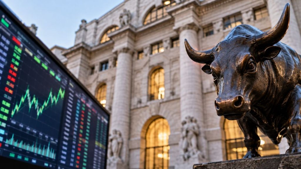 Statua di un toro in bronzo davanti a un edificio storico della Borsa, con uno schermo che mostra grafici finanziari