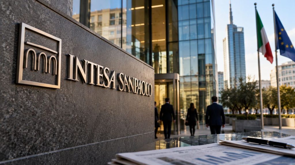 Logo Intesa Sanpaolo su un edificio bancario moderno, con persone in abito, bandiere italiana ed europea e documenti finanziari in primo piano