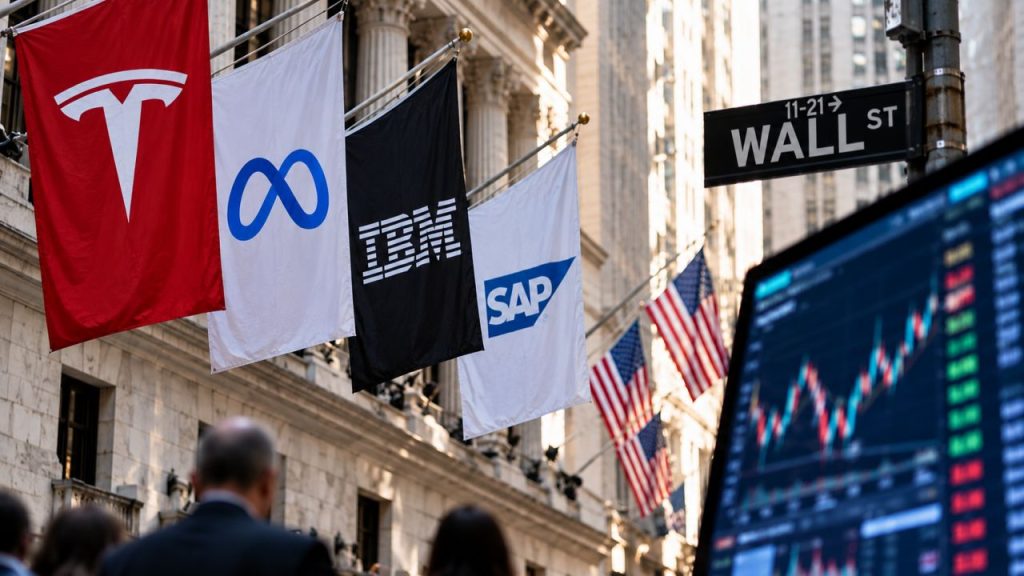 Bandiere con i loghi di Tesla, Meta, IBM e SAP a Wall Street, con un monitor di grafici finanziari in primo piano