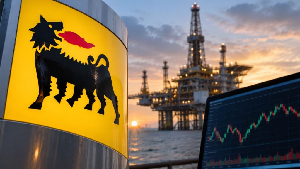 Logo Eni in primo piano, piattaforma petrolifera offshore al tramonto e monitor con grafici finanziari