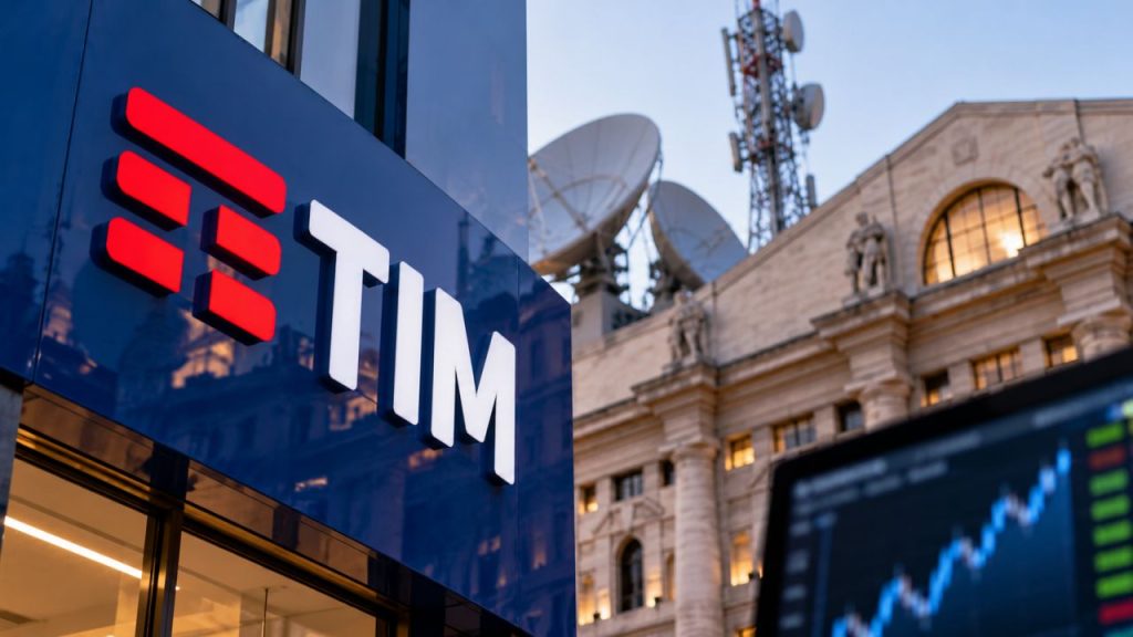 Logo TIM in primo piano, con antenne per telecomunicazioni, edificio storico e monitor con grafico azionario in crescita sullo sfondo