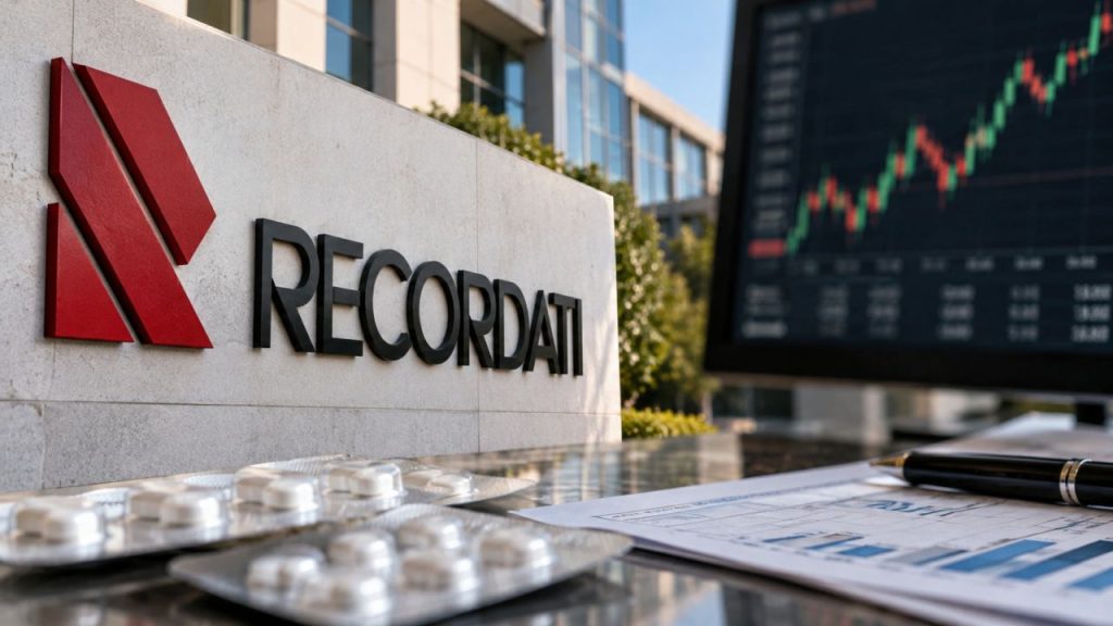 Logo Recordati su edificio moderno, confezioni di farmaci, documenti finanziari e grafici di Borsa