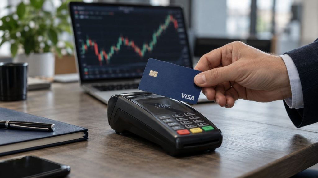 Una mano avvicina una carta Visa a un POS; sullo sfondo, un computer mostra un grafico finanziario