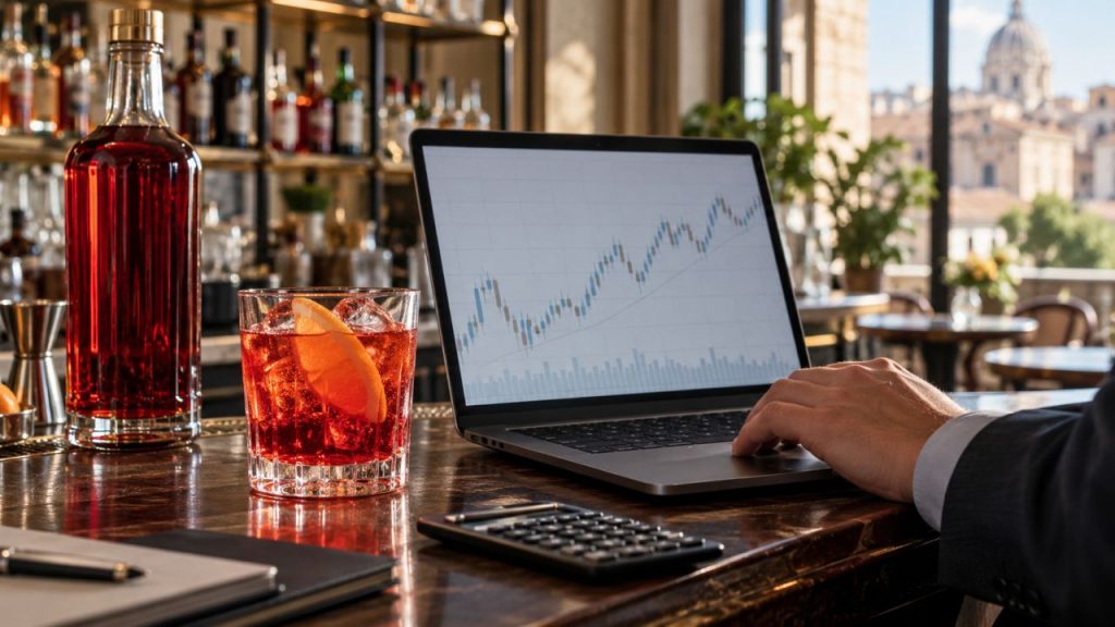Un aperitivo rosso e una bottiglia di liquore accanto a un portatile con grafico finanziario, sul bancone di un bar