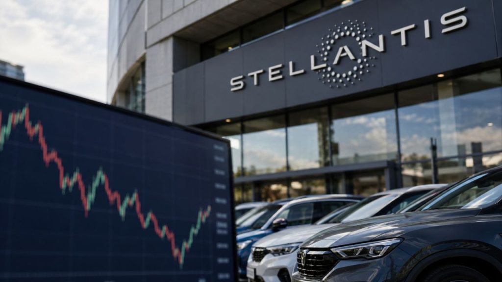 Sede Stellantis con logo in evidenza, automobili parcheggiate in primo piano e monitor con grafico dell’andamento azionario