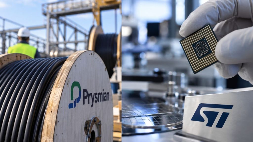 Immagine divisa in due: a sinistra, bobina di cavi Prysmian in un impianto industriale; a destra, microchip e logo STMicroelectronics in un laboratorio tecnologico