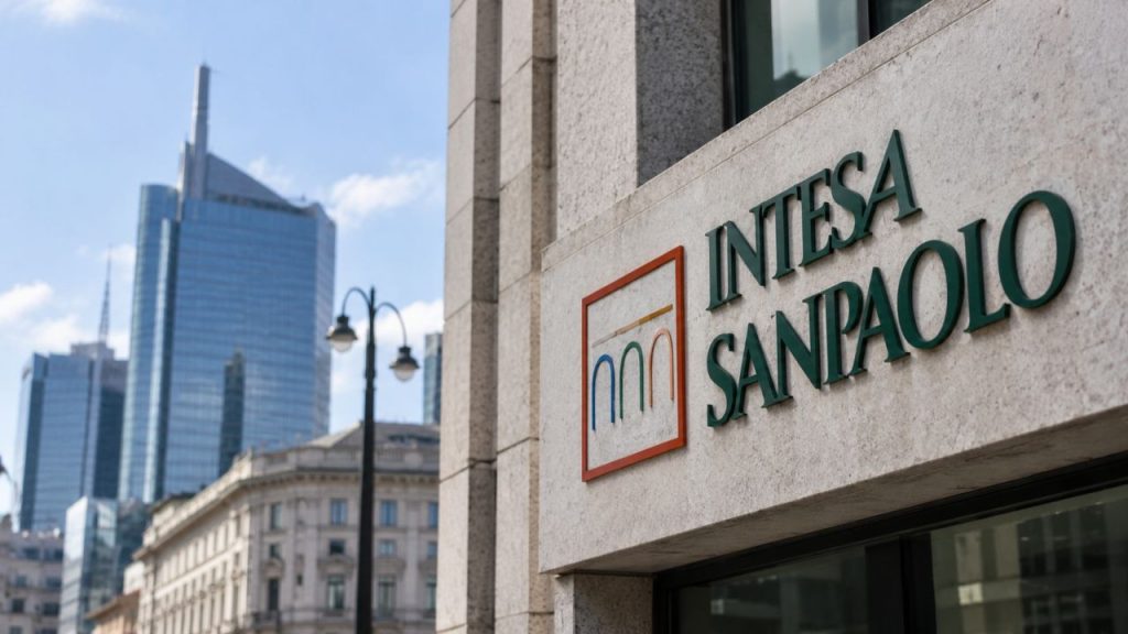 Facciata di un edificio con il logo Intesa Sanpaolo in primo piano e grattacieli del quartiere finanziario sullo sfondo
