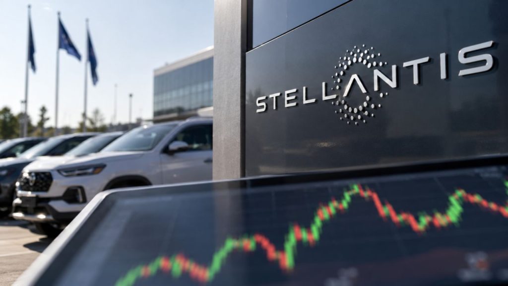 In primo piano un grafico finanziario, sullo sfondo il logo Stellantis sulla facciata di un edificio aziendale e alcune automobili parcheggiate