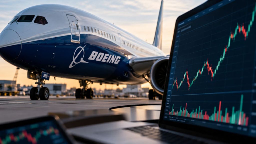 Un aereo Boeing sulla pista di un aeroporto, affiancato da un monitor con grafici finanziari e andamento delle quotazioni azionarie