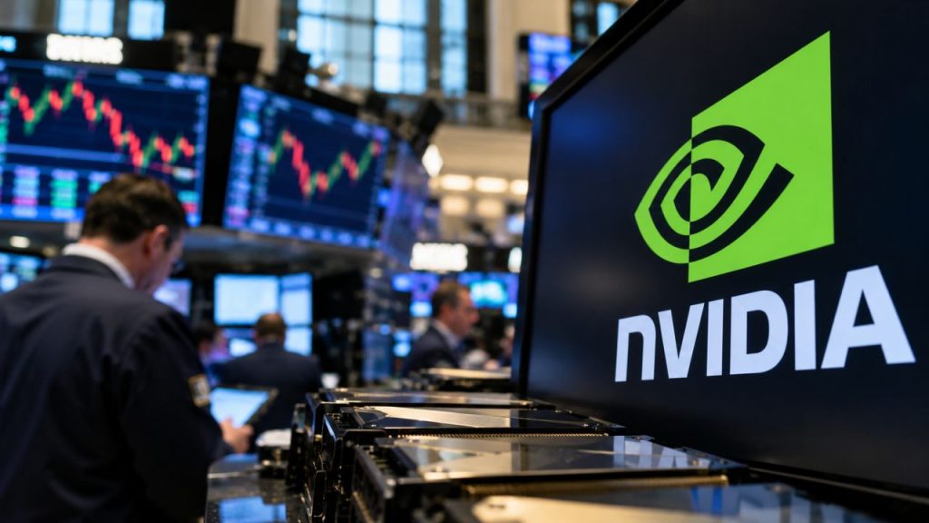 Schermo con logo Nvidia in primo piano, componenti hardware e operatori finanziari sullo sfondo, tra monitor con grafici di Borsa