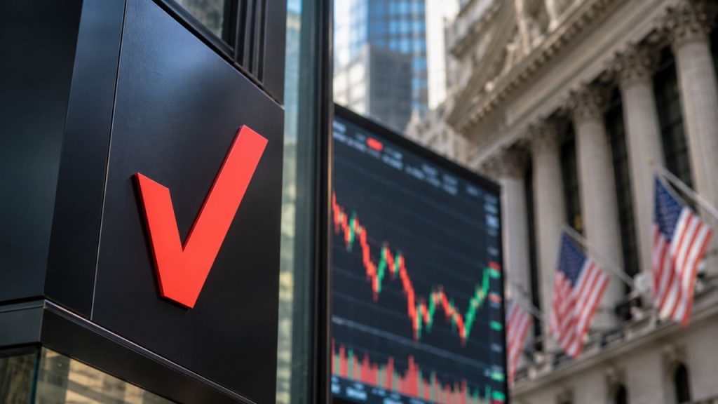 Logo rosso di Verizon in primo piano, con grafico di Borsa sullo sfondo e palazzi di Wall Street con bandiere americane