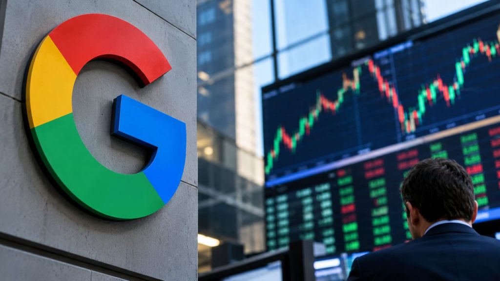 Grande logo multicolore di Google in primo piano, con un operatore finanziario di spalle davanti a schermi che mostrano grafici di Borsa