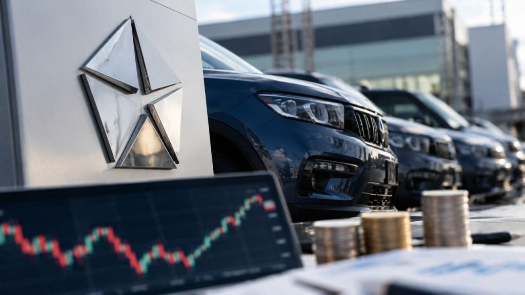 Auto Stellantis parcheggiate davanti a uno stabilimento, con logo Stellantis, un grafico di Borsa e pile di monete in primo piano
