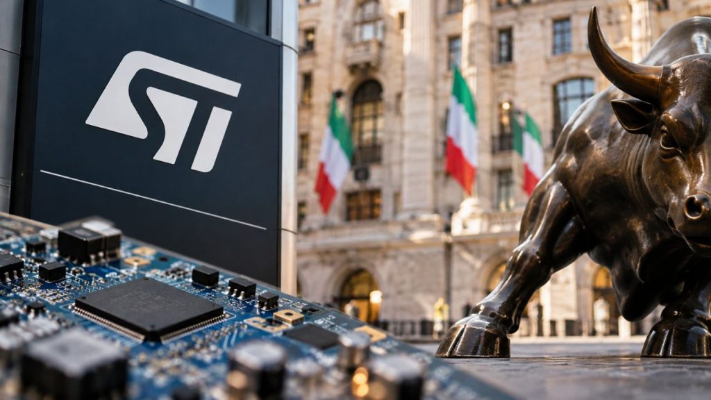 Logo STMicroelectronics e circuito elettronico in primo piano, con un toro di bronzo, un edificio storico e bandiere italiane sullo sfondo