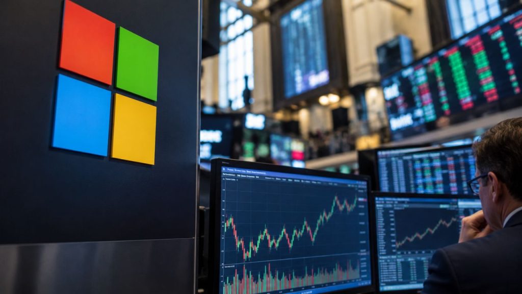 Logo Microsoft accanto a monitor con grafici di Borsa, mentre un investitore osserva l’andamento dei mercati finanziari