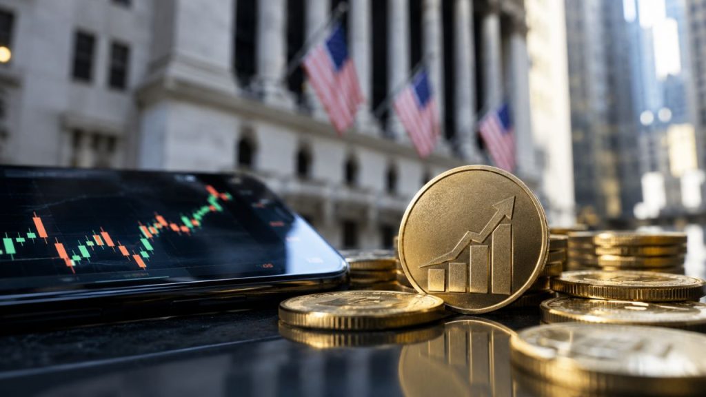 Smartphone con grafici finanziari, monete dorate in primo piano e sede della Borsa di New York sullo sfondo