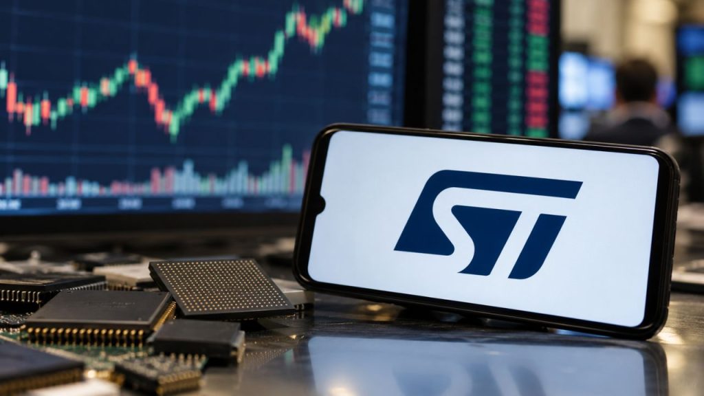 Microchip in primo piano, smartphone con logo STMicroelectronics e monitor con grafici finanziari sullo sfondo