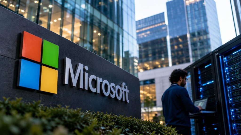 Logo Microsoft in primo piano, edifici moderni sullo sfondo e un tecnico al lavoro davanti a server informatici