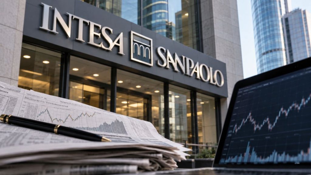 Facciata di Intesa Sanpaolo con giornali finanziari e un computer che mostra grafici di Borsa in primo piano